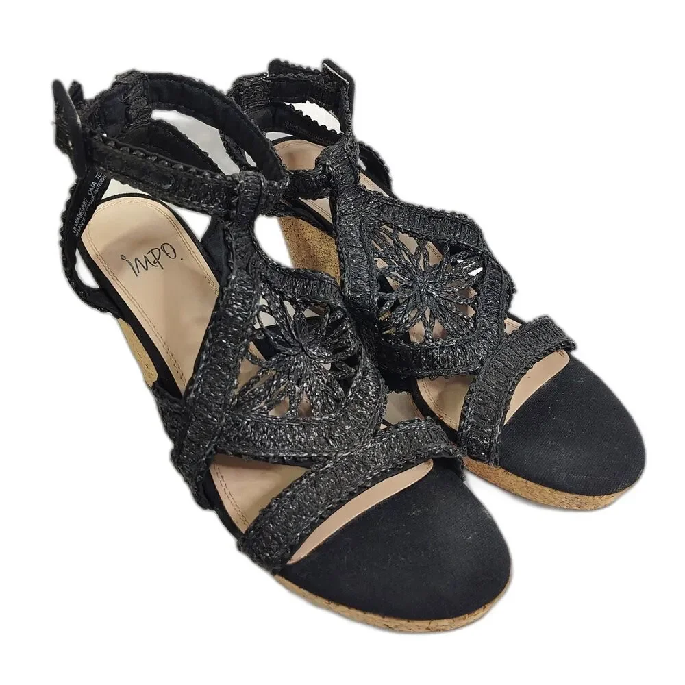 Impo Black Crochet Strappy Cork Wedge Sandals Women’s Size 10 Ankle Strap